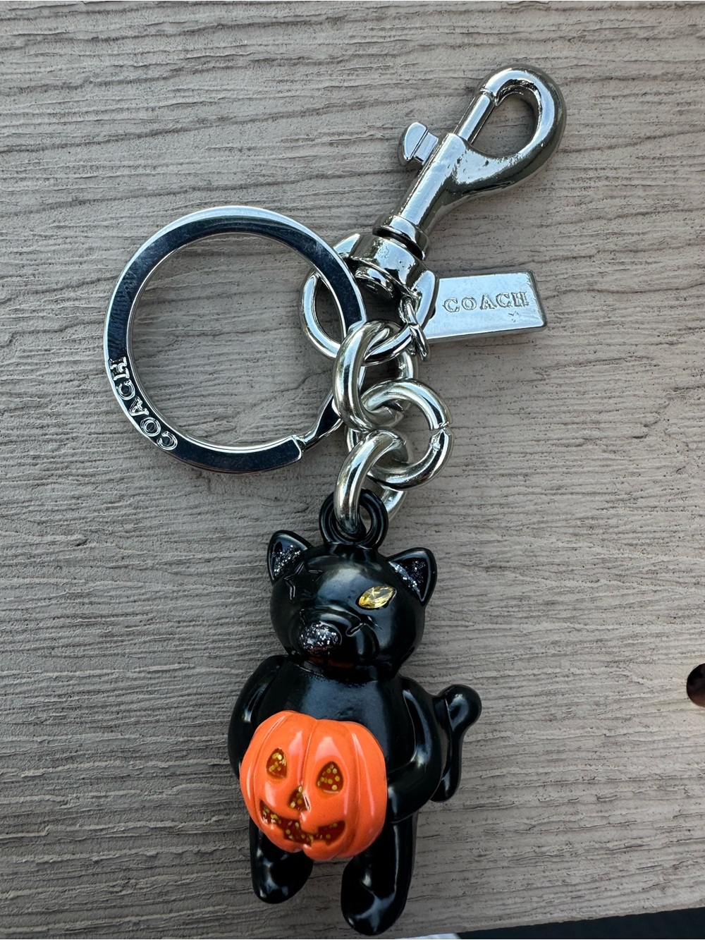 Coach Black Cat Keyring with Orange Pumpkin Charm